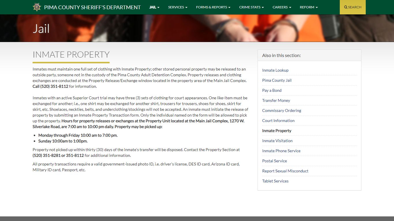 Inmate Property :: Pima County Sheriff's Department